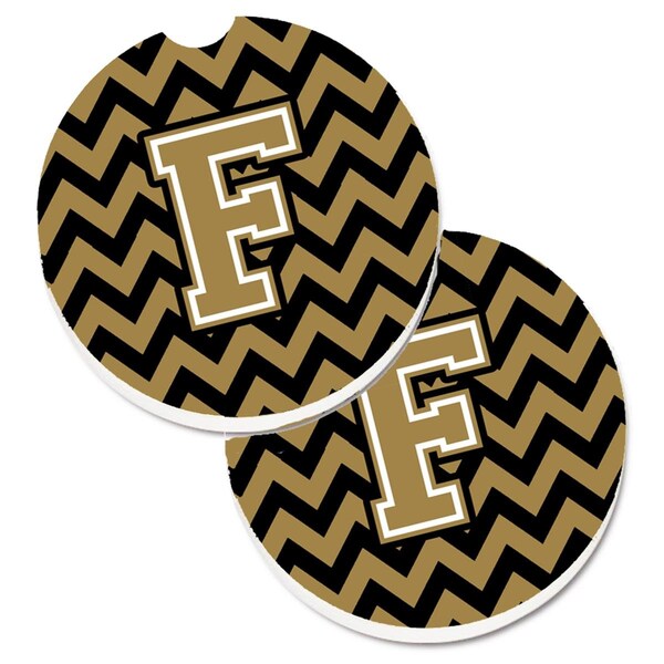 Carolines Treasures Letter F Chevron Black and Gold Set of 2 Cup Holder Car Coaster CJ1050-FCARC - main